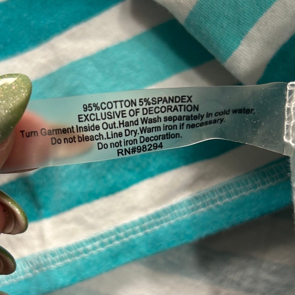 Onque Casual V Neck Knit Top Womens Large Aqua White Striped 3/4 Sleeve Stretch - Picture 4 of 7